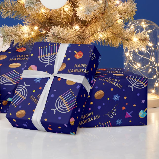 Happy Hanukkah Dreidel Menorah Sufganiyot Blue Wrapping Paper (Holidays)