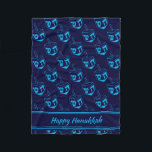 HAPPY HANUKKAH Dreidel NAVY CYAN Fleece Blanket<br><div class="desc">Stylish midnight navy blue CUBE POUF to celebrate HANUKKAH. Navy and cyan blue color theme with all over cyan DREIDEL print. There is customizable placeholder text on the front which says HAPPY HANUKKAH so you can personalize with your own greeting and/or name (of similar length). Matching home decor and other...</div>