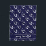 HAPPY HANUKKAH Dreidel NAVY GRAY Fleece Blanket<br><div class="desc">Stylish midnight navy blue CUBE POUF to celebrate HANUKKAH. Navy and silver gray color theme with all over silver gray DREIDEL print. There is customizable placeholder text which says HAPPY HANUKKAH so you can personalize with your own greeting and/or name (of similar length). Matching home decor and other items are...</div>