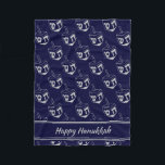 HAPPY HANUKKAH Dreidel NAVY GRAY Fleece Blanket<br><div class="desc">Stylish midnight navy blue CUBE POUF to celebrate HANUKKAH. Navy and silver gray color theme with all over silver gray DREIDEL print. There is customizable placeholder text which says HAPPY HANUKKAH so you can personalize with your own greeting and/or name (of similar length). Matching home decor and other items are...</div>