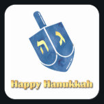 Happy Hanukkah Dreidel Square Sticker<br><div class="desc">Gold Happy Hanukkah text with a blue dreidel.</div>