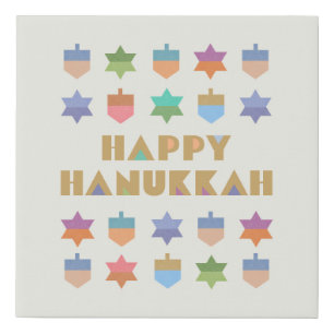 Happy Hanukkah Dreidels and Stars Faux Canvas Print