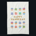 Happy Hanukkah Dreidels and Stars Kitchen Towel<br><div class="desc">A fun and festive Hanukkah design with colorful dreidels and stars. A  modern ,  non-traditional ,  design and pattern with stylized dreidels and Star of David geometric shapes.</div>