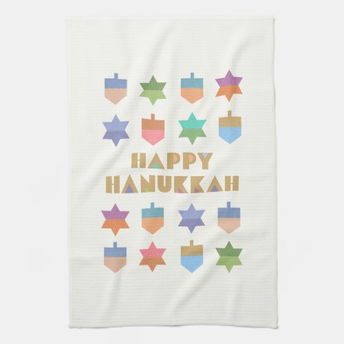 Happy Hanukkah Dreidels and Stars Kitchen Towel