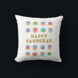 Happy Hanukkah Dreidels and Stars Throw Pillow<br><div class="desc">A fun and festive Hanukkah design with colorful dreidels and stars. A  modern ,  non-traditional ,  design and pattern with stylized dreidels and Star of David geometric shapes.</div>