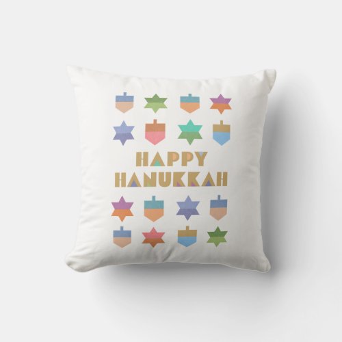Happy Hanukkah Dreidels and Stars Throw Pillow