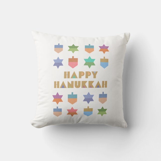 Happy Hanukkah Dreidels and Stars Throw Pillow (Front)