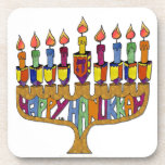Happy Hanukkah Dreidels Menorah Beverage Coaster<br><div class="desc">You are viewing The Lee Hiller Design Collection. Apparel,  Gifts & Collectibles Lee Hiller Photography or Digital Art Collection. You can view her Nature photography at http://HikeOurPlanet.com/ and follow her hiking blog within Hot Springs National Park.</div>