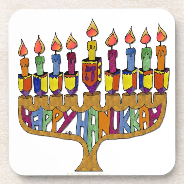 Happy Hanukkah Dreidels Menorah Beverage Coaster (Front)