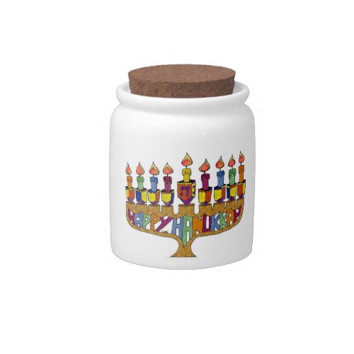 Happy Hanukkah Dreidels Menorah Candy Jar