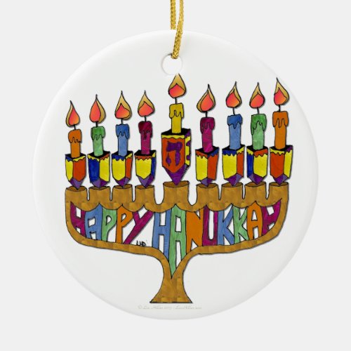 Happy Hanukkah Dreidels Menorah Ceramic Ornament