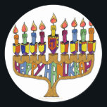 Happy Hanukkah Dreidels Menorah Classic Round Sticker<br><div class="desc">You are viewing The Lee Hiller Design Collection. Apparel,  Gifts & Collectibles Lee Hiller Photography or Digital Art Collection. You can view her Nature photography at http://HikeOurPlanet.com/ and follow her hiking blog within Hot Springs National Park.</div>