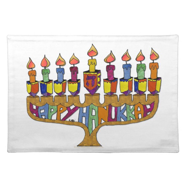 Happy Hanukkah Dreidels Menorah Cloth Placemat (Front)
