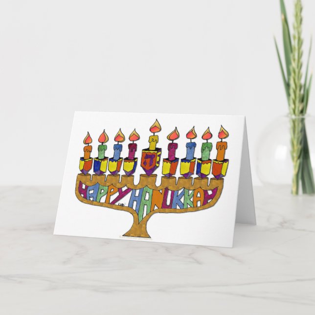 Happy Hanukkah Dreidels Menorah Holiday Card (Front)