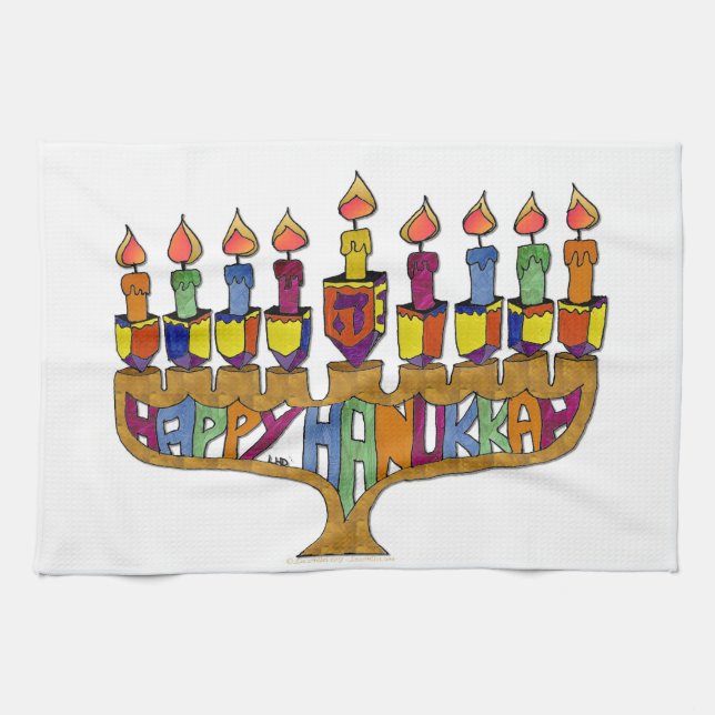Happy Hanukkah Dreidels Menorah Kitchen Towel (Horizontal)