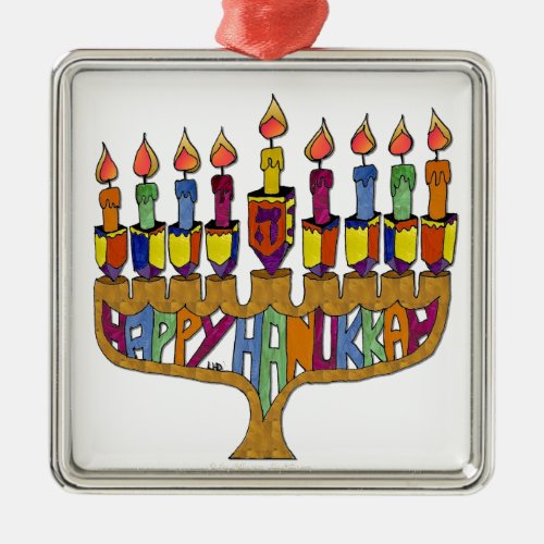 Happy Hanukkah Dreidels Menorah Metal Ornament