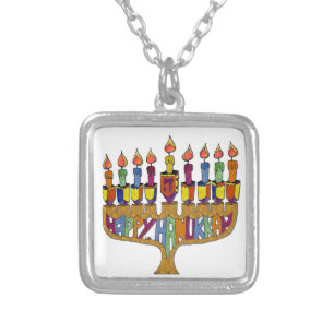 Happy Hanukkah Dreidels Menorah Silver Plated Necklace