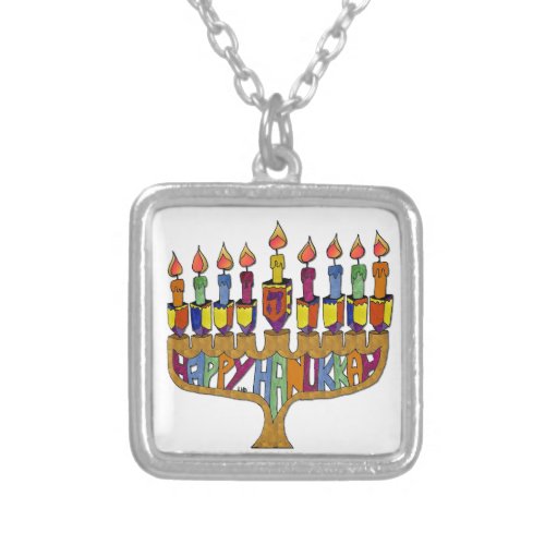 Happy Hanukkah Dreidels Menorah Silver Plated Necklace