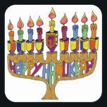 Happy Hanukkah Dreidels Menorah Square Sticker<br><div class="desc">You are viewing The Lee Hiller Design Collection. Apparel,  Gifts & Collectibles Lee Hiller Photography or Digital Art Collection. You can view her Nature photography at http://HikeOurPlanet.com/ and follow her hiking blog within Hot Springs National Park.</div>
