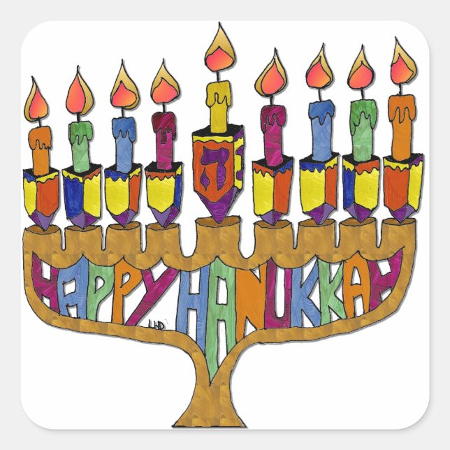 Happy Hanukkah Dreidels Menorah Square Sticker (Front)