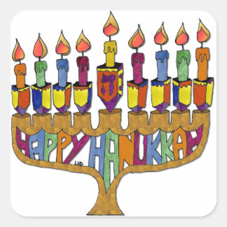 Happy Hanukkah Dreidels Menorah Square Sticker