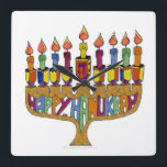 Happy Hanukkah Dreidels Menorah Square Wall Clock<br><div class="desc">You are viewing The Lee Hiller Design Collection. Apparel,  Gifts & Collectibles Lee Hiller Photography or Digital Art Collection. You can view her Nature photography at http://HikeOurPlanet.com/ and follow her hiking blog within Hot Springs National Park.</div>