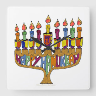 Happy Hanukkah Dreidels Menorah Square Wall Clock