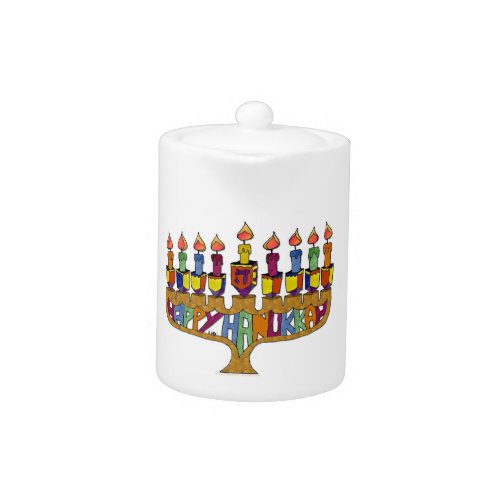 Happy Hanukkah Dreidels Menorah Teapot