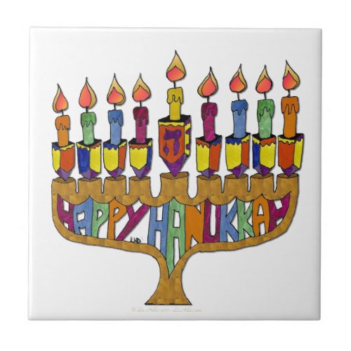 Happy Hanukkah Dreidels Menorah Tile