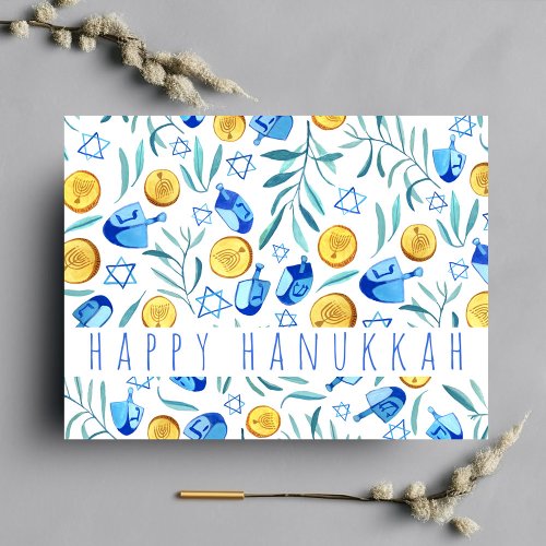 Happy Hanukkah Driedel Gelt Watercolor CUSTOM Postcard
