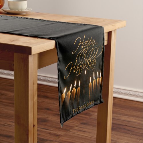 Happy Hanukkah Elegant Black  Gold Menorah Candle Short Table Runner