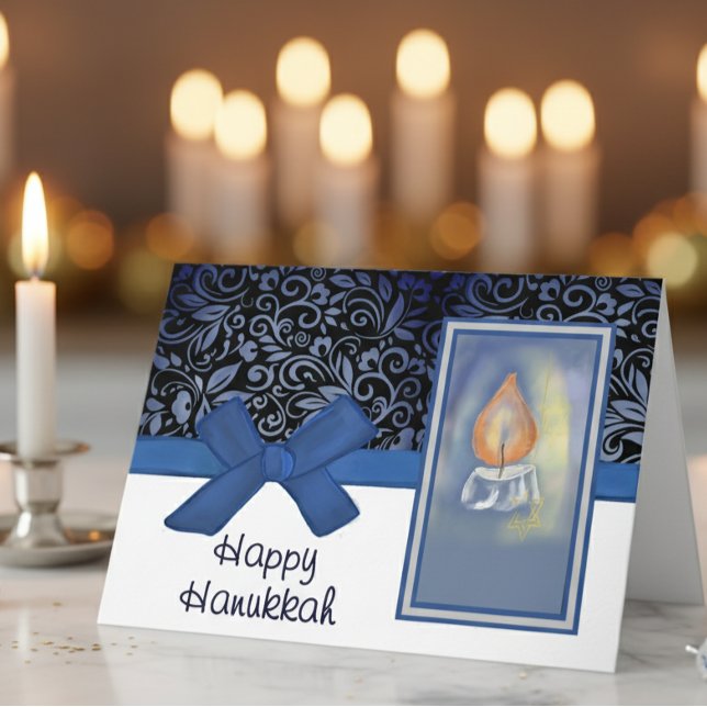 Happy Hanukkah Elegant Blue Scroll Pattern Candle Holiday Card (Happy Hanukkah Elegant Blue Scroll Pattern Candle Holiday Card)