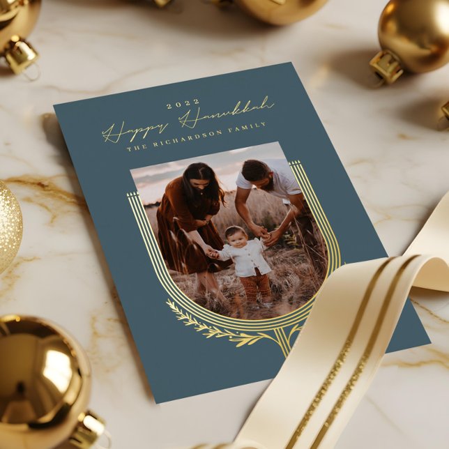 Happy Hanukkah Elegant Golden Menorah Photo Arch Foil Holiday Card (Happy Hanukkah Elegant Golden Menorah Photo Arch Foil Holiday Card)