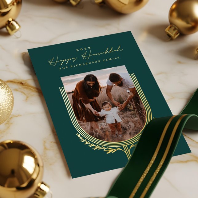 Happy Hanukkah Elegant Golden Menorah Photo Arch Foil Holiday Card (Happy Hanukkah Elegant Golden Menorah Photo Arch Foil Holiday Card)