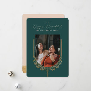 Happy Hanukkah Elegant Golden Menorah Photo Arch Holiday Card