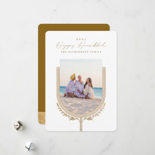 Happy Hanukkah Elegant Golden Menorah Photo Arch Holiday Card