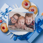 Happy Hanukkah Elegant Script Holiday Photo Card<br><div class="desc">This elegant yet modern Hanukkah photo card features elegant white typography over a full-bleed single, horizontal photo. The greeting on the front says "Happy Hanukkah". This design accommodates a single, horizontal photo on the front of the card. On the reverse side you will find a simple blue and white diagonal...</div>