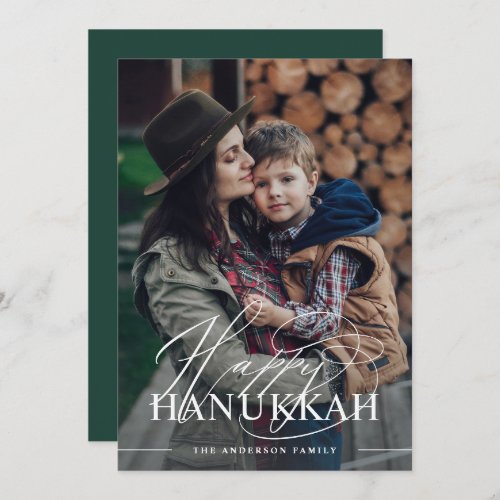 Happy Hanukkah  Elegant Script Photo Dark Green Holiday Card