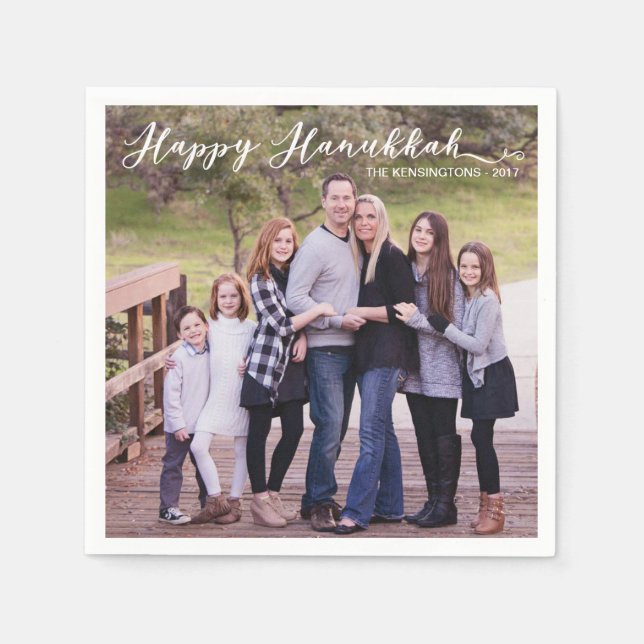 Happy Hanukkah Elegant Typography Photo Name Napkins (Front)