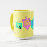 Happy Hanukkah English Hebrew Mug<br><div class="desc">There are a variety of background colors to provide either a cheery or more elegant background for the dreidel images and the Happy Hanuka greeting in both Hebrew and English. The Hebrew letters on the dreidel sides stand for: A great miracle happened here, the way the saying goes in Israel....</div>