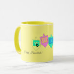 Happy Hanukkah English Hebrew Mug<br><div class="desc">There are a variety of background colors to provide either a cheery or more elegant background for the dreidel images and the Happy Hanuka greeting in both Hebrew and English. The Hebrew letters on the dreidel sides stand for: A great miracle happened here, the way the saying goes in Israel....</div>