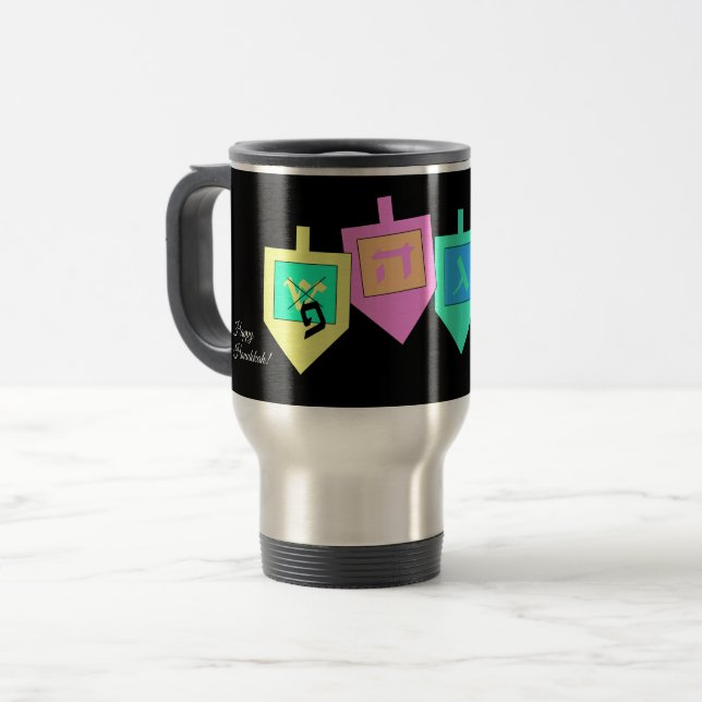 Happy Hanukkah English Hebrew Travel Mug (Front Left)