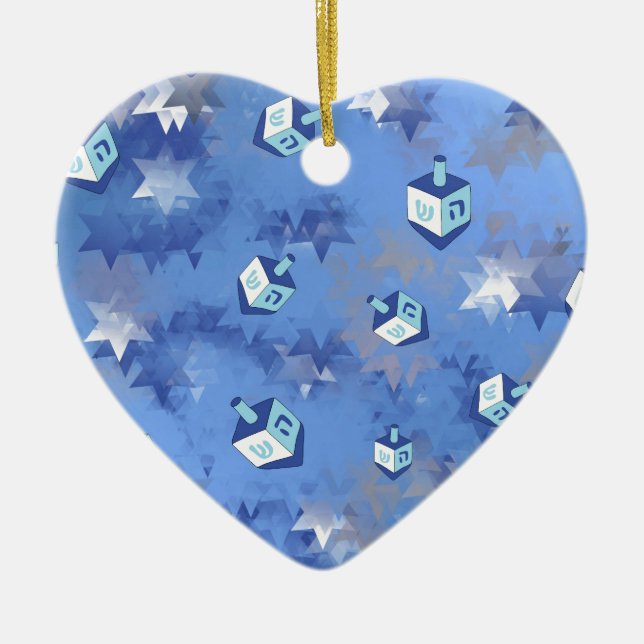 Happy Hanukkah Falling Star and Dreidels Ceramic Ornament (Front)