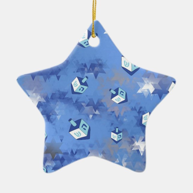 Happy Hanukkah Falling Star and Dreidels Ceramic Ornament (Front)