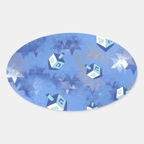 Happy Hanukkah Falling Star and Dreidels Oval Sticker