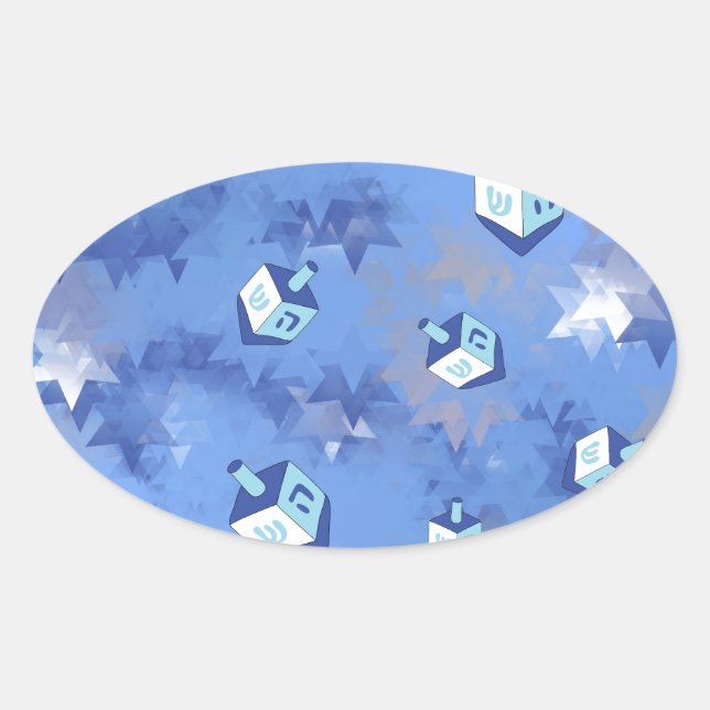 Happy Hanukkah Falling Star and Dreidels Oval Sticker (Front)
