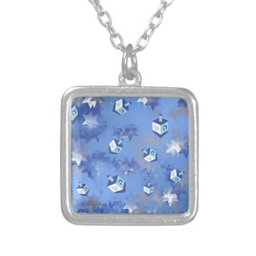 Happy Hanukkah Falling Star and Dreidels Silver Plated Necklace