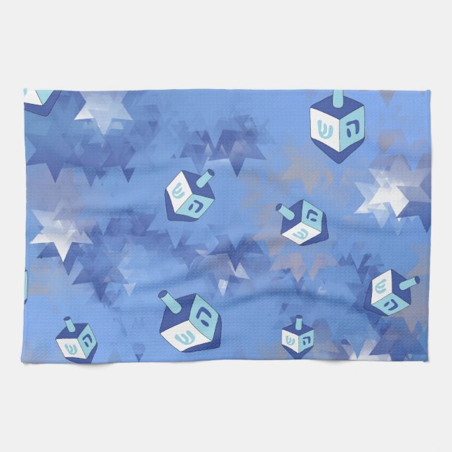 Happy Hanukkah Falling Star and Dreidels Towel (Horizontal)