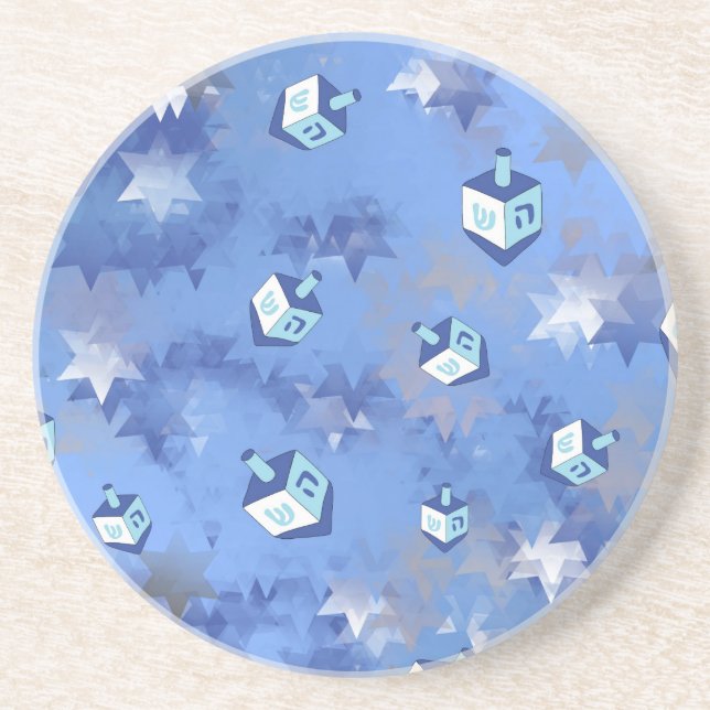 Happy Hanukkah Falling Stars and Dreidels Drink Coaster (Front)