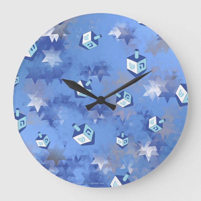 Happy Hanukkah Falling Stars and Dreidels Large Clock (Front)